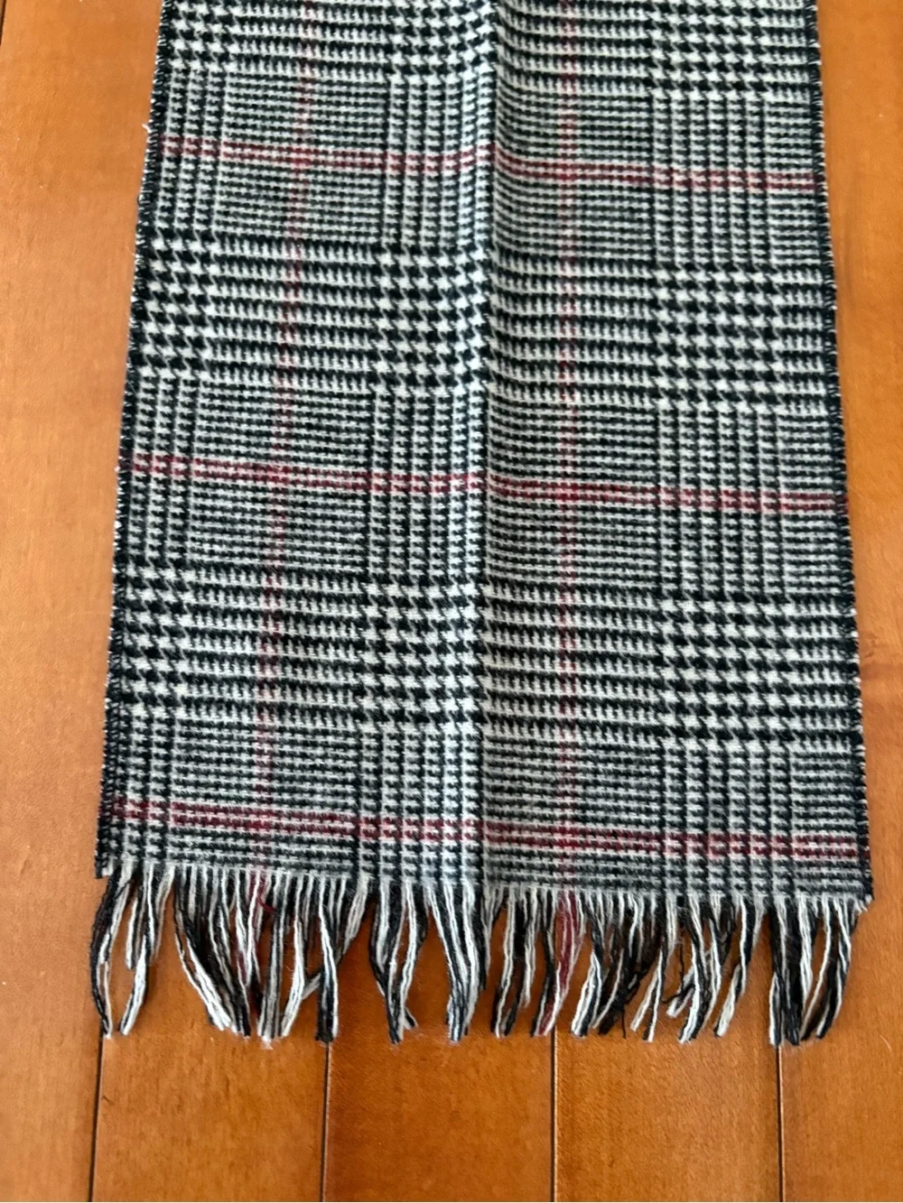 Classic Glen Plaid Fringe Scarf in Black & White with Red Accent